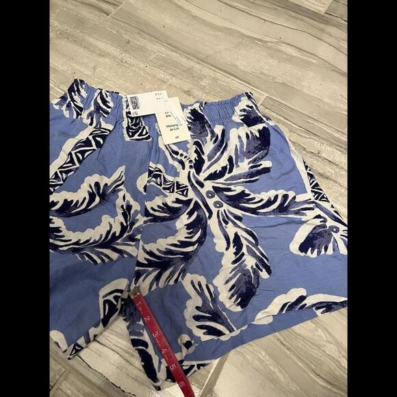 H&M Linen Blend Pull-On Shorts Womens Sz L‎ Blue White Floral Elastic High Waist - Picture 3 of 5